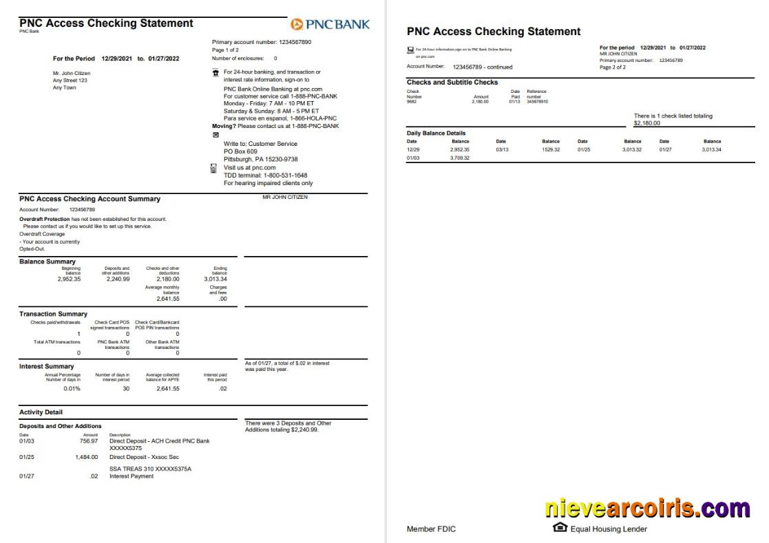 USA PNC bank statement in Word and PDF format, 2 pages
